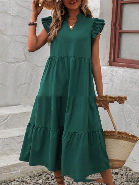 V-neck Ruffle Short Sleeve Solid Color Casual Dress - Image 2