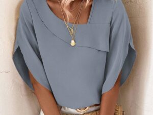 Solid Asymmetrical Neck Petal Sleeve Blouse
