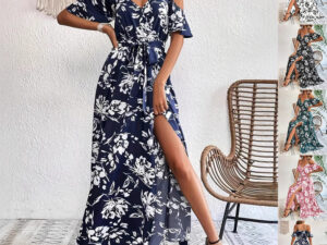 Ins Off-Shoulder Split Dress Summer Floral Print Suspender Long Dresses With Belt Design Women's Beach Clothing