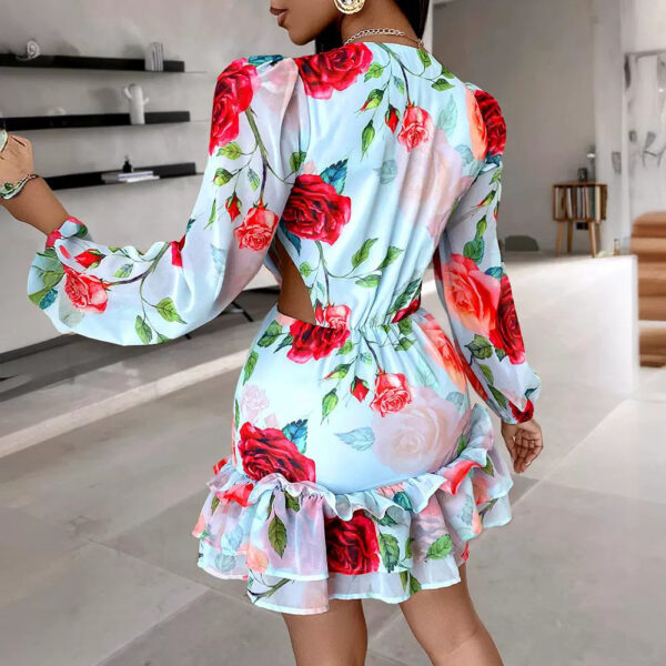 Fashion V-neck Fashion Women Hollow Out Printed Dress - Image 5
