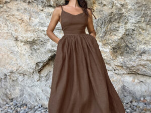 French Cotton And Linen Breathable Strap High Waist Dress Vacation Style Long Skirt For Women