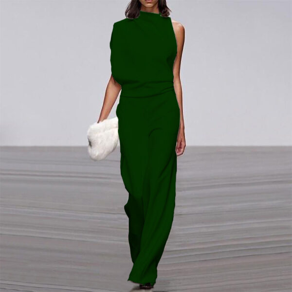 Solid Color One-Shoulder Pile Collar Jumpsuit - Image 7