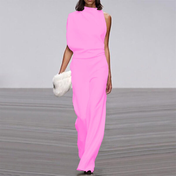 Solid Color One-Shoulder Pile Collar Jumpsuit - Image 8