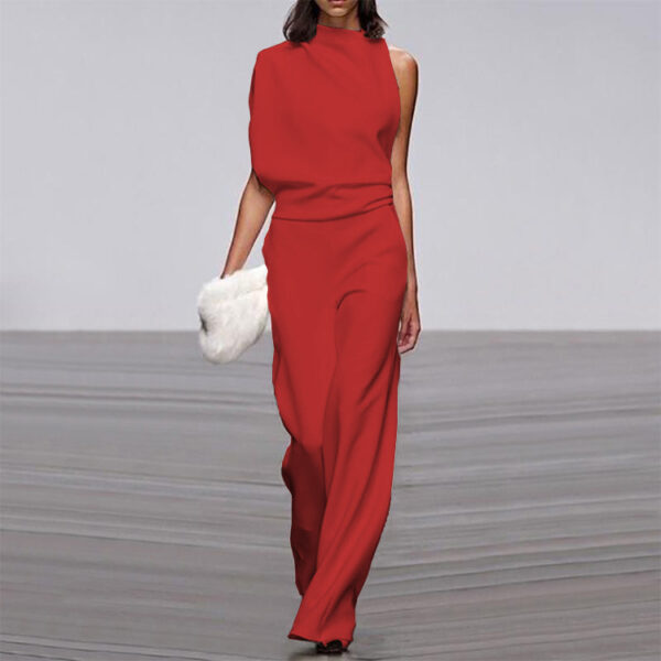 Solid Color One-Shoulder Pile Collar Jumpsuit - Image 5