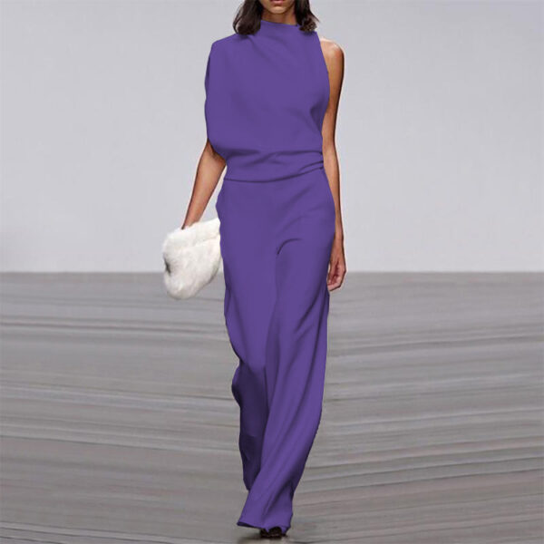 Solid Color One-Shoulder Pile Collar Jumpsuit - Image 9