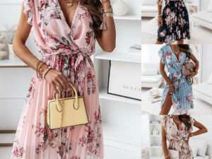 Summer New Waist Floral Pleated Dress Women