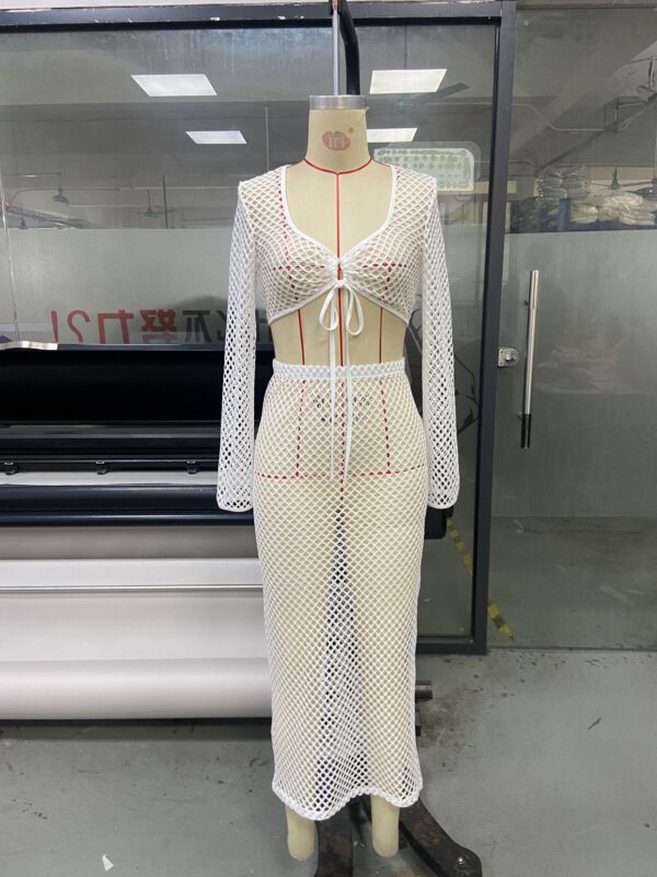 Lace Mesh Long Sleeve Narrow Casual Knitted Maxi Dress Suit - Image 4