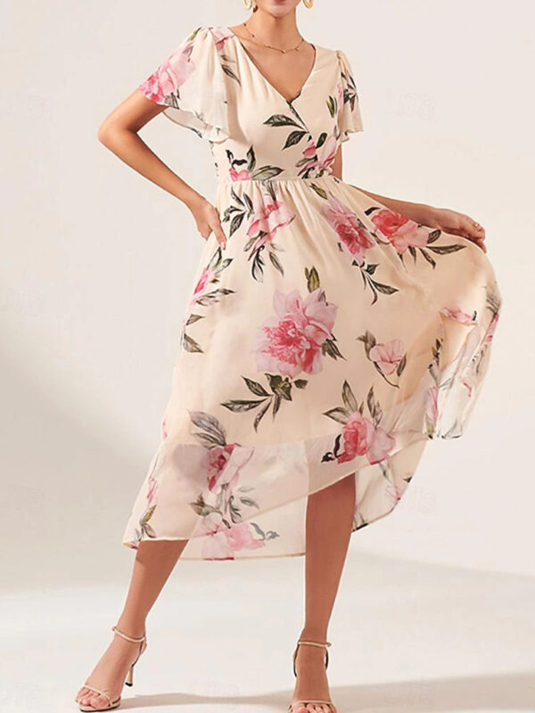V-neck Mid-length Slim-fit Printed Dress - Image 8