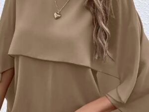 Solid Layered Cloak Sleeve Blouse, Versatile Crew Neck Blouse For Spring & Fall, Women's Clothing