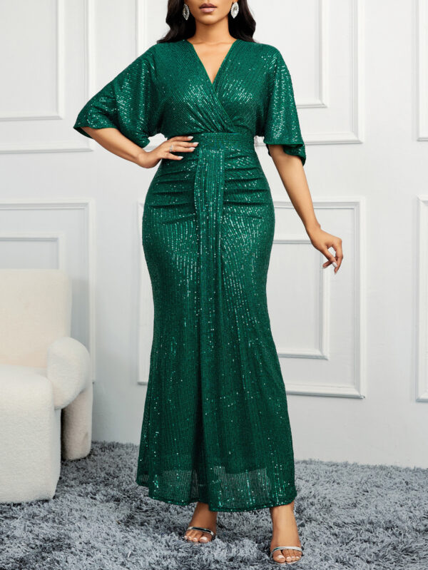 High Waist V-neck Pure Color Sequins Shoulder Sleeve Dress Women's Long Formal Dress - Image 9