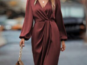 Temperament Pure Color Waist-tight Split V-neck Dress Women