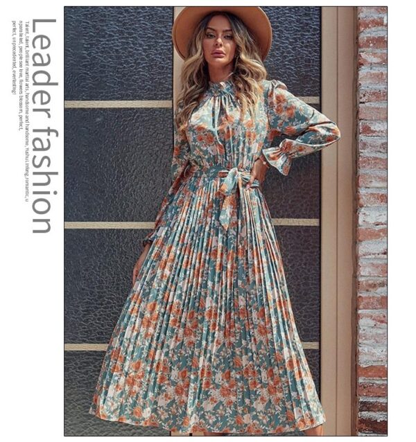 Summer Long-sleeve Retro Halterneck Skirt Sling Pleated Dress - Image 3