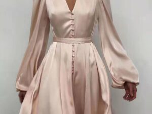 Commuter Solid Color High Waist Lantern Sleeve Long Dress