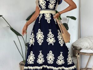Trim Cap Sleeve Cinched Waist Ruffle Hem A-Line Dress