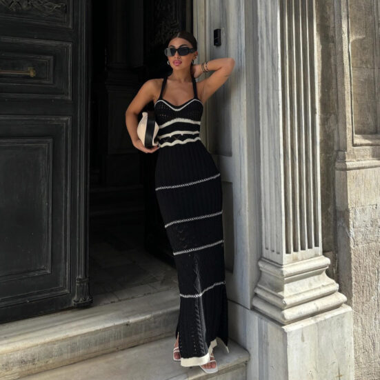 Women's Knitted Contrast Color Sling Dress Hollow Out - Image 3