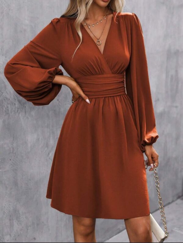 Foreign Trade Amazon Solid Color Chest Wrap V-neck Lantern Sleeve Dress - Image 4
