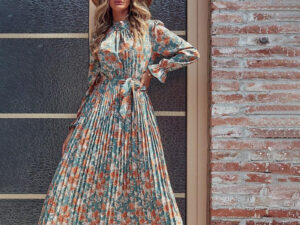 Summer Long-sleeve Retro Halterneck Skirt Sling Pleated Dress
