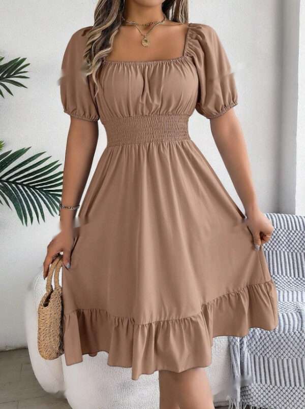 Spring Summer Casual Vacation Puff Sleeve Drawstring Short Sleeve Floral Dress - Image 2
