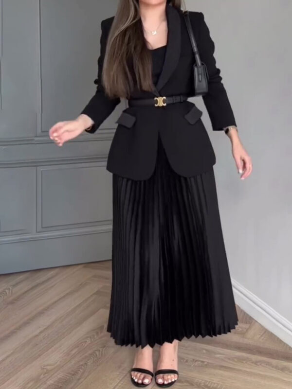 Solid Color Blazer & Pleated Skirt Suit - Image 3