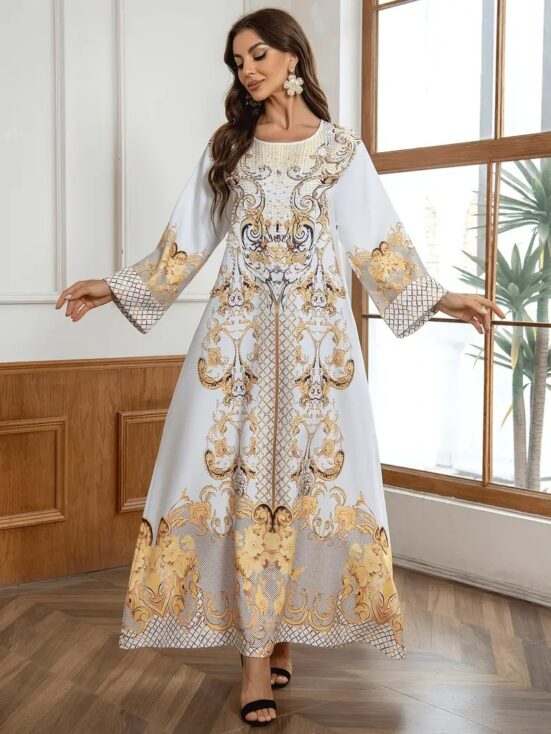 Ladies' Round Neck Rhinestone Decorative Print Long Abayalian Dress - Image 5