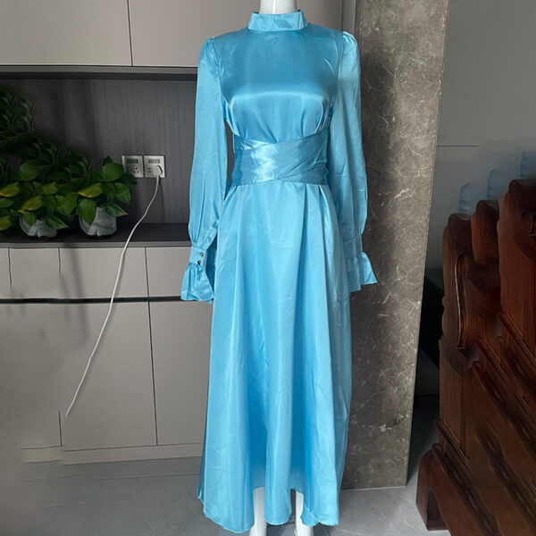 Round Neck Ruffle Sleeve Drawstring High Waist Cross Overlay Strap Elegant Slim Fit Dress - Image 10