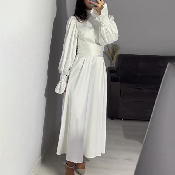 Round Neck Ruffle Sleeve Drawstring High Waist Cross Overlay Strap Elegant Slim Fit Dress - Image 7