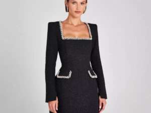 U-neck Long Sleeved Beaded Dress