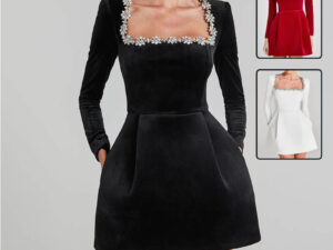 Elegant Square Neck Long-sleeved Dress With Flowers Rhinestone Design Fashion A-line Short Dresses Spring Clothing For Women