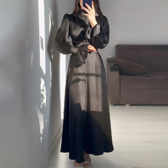 Round Neck Ruffle Sleeve Drawstring High Waist Cross Overlay Strap Elegant Slim Fit Dress - Image 5