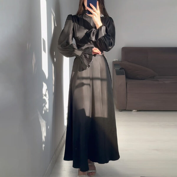 Round Neck Ruffle Sleeve Drawstring High Waist Cross Overlay Strap Elegant Slim Fit Dress - Image 5