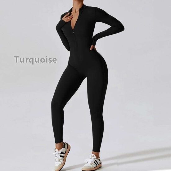 Zipper Long Sleeve Jumpsuit Yoga Fitness Training Pants Tight Hip Seamless Sports Jumpsuit For Women Clothing - Image 3