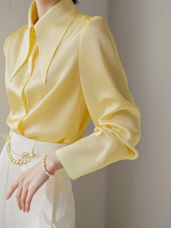 French Light Ripe Yellow Big Pointed Collar Long Sleeve Shirt - Image 4
