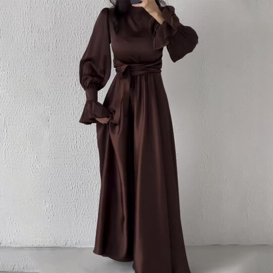 Round Neck Ruffle Sleeve Drawstring High Waist Cross Overlay Strap Elegant Slim Fit Dress - Image 8