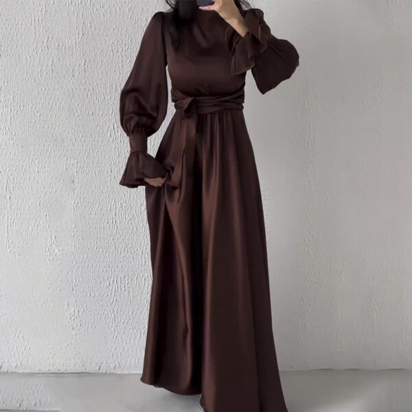 Round Neck Ruffle Sleeve Drawstring High Waist Cross Overlay Strap Elegant Slim Fit Dress - Image 8