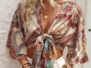 Women Bohemian Style Printed Long Sleeve Tie-Up Top