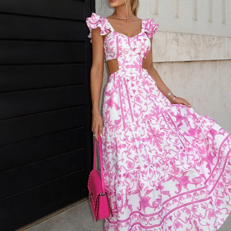 Summer Padded Shoulder Women's Printed Wear Hollow Length Dress - Image 3