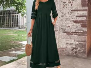 New Hot Sale Five-quarter Sleeve Mesh Patchwork Round Neck Pocket Dress