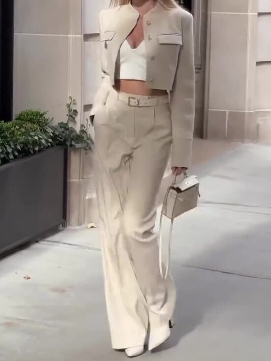 Solid Color Long-sleeved Top High-waisted Wide-leg Pants Suit - Image 3