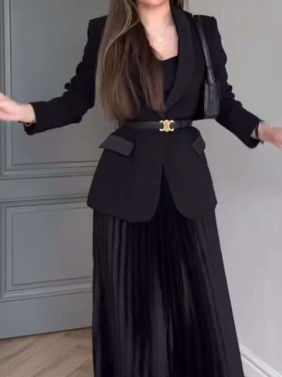 Solid Color Blazer & Pleated Skirt Suit (Copy)