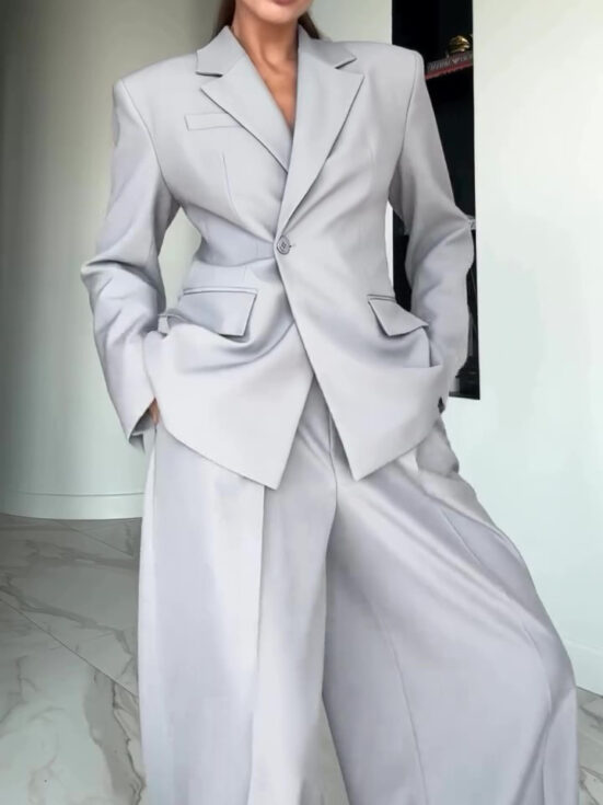 Gray Single-button Blazer & Wide-leg Pants Suit - Image 4