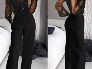 Trendy Shiny Mesh Dusting Powder Stitching High-end Elegant Jumpsuit