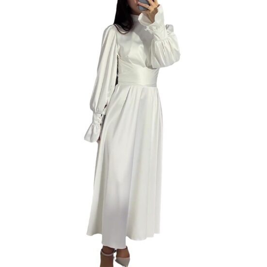 Round Neck Ruffle Sleeve Drawstring High Waist Cross Overlay Strap Elegant Slim Fit Dress - Image 6