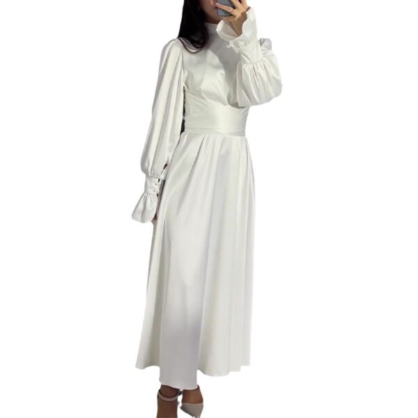 Round Neck Ruffle Sleeve Drawstring High Waist Cross Overlay Strap Elegant Slim Fit Dress - Image 6