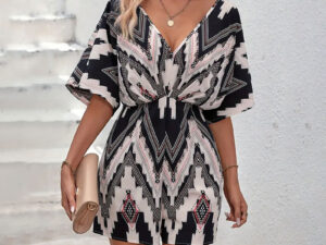 Printed V-neck Back Bandage Bow One-piece Shorts