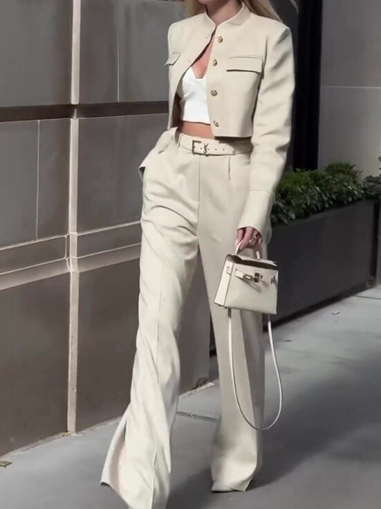 Solid Color Long-sleeved Top High-waisted Wide-leg Pants Suit - Image 2