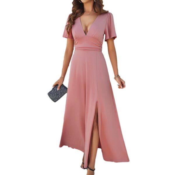 Women's Solid Color Elegant Slim V-neck Dress - Image 2
