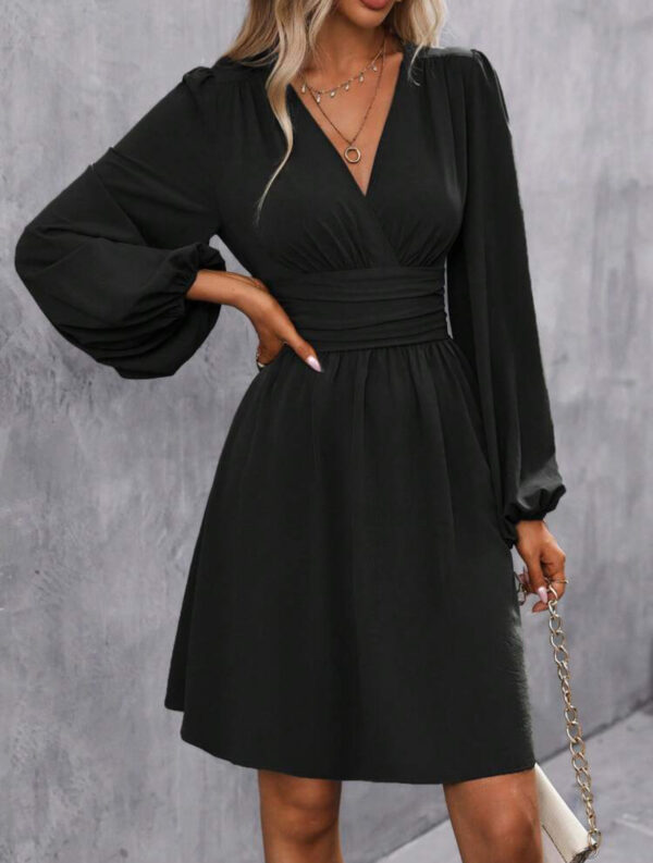 Foreign Trade Amazon Solid Color Chest Wrap V-neck Lantern Sleeve Dress - Image 2