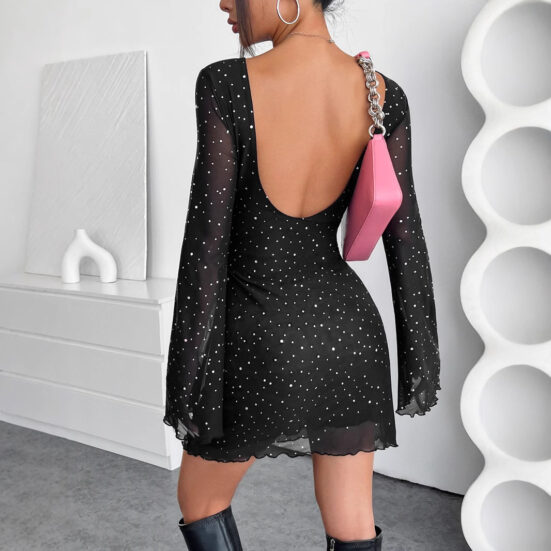 Elegant Black Mesh Sequins Backless Slim Fit Long Sleeve Dress - Image 2
