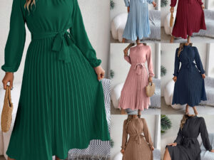 Elegant Stand Collar Long Sleeve Cinched Pleated Dress