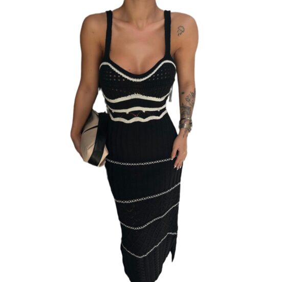 Women's Knitted Contrast Color Sling Dress Hollow Out - Image 7
